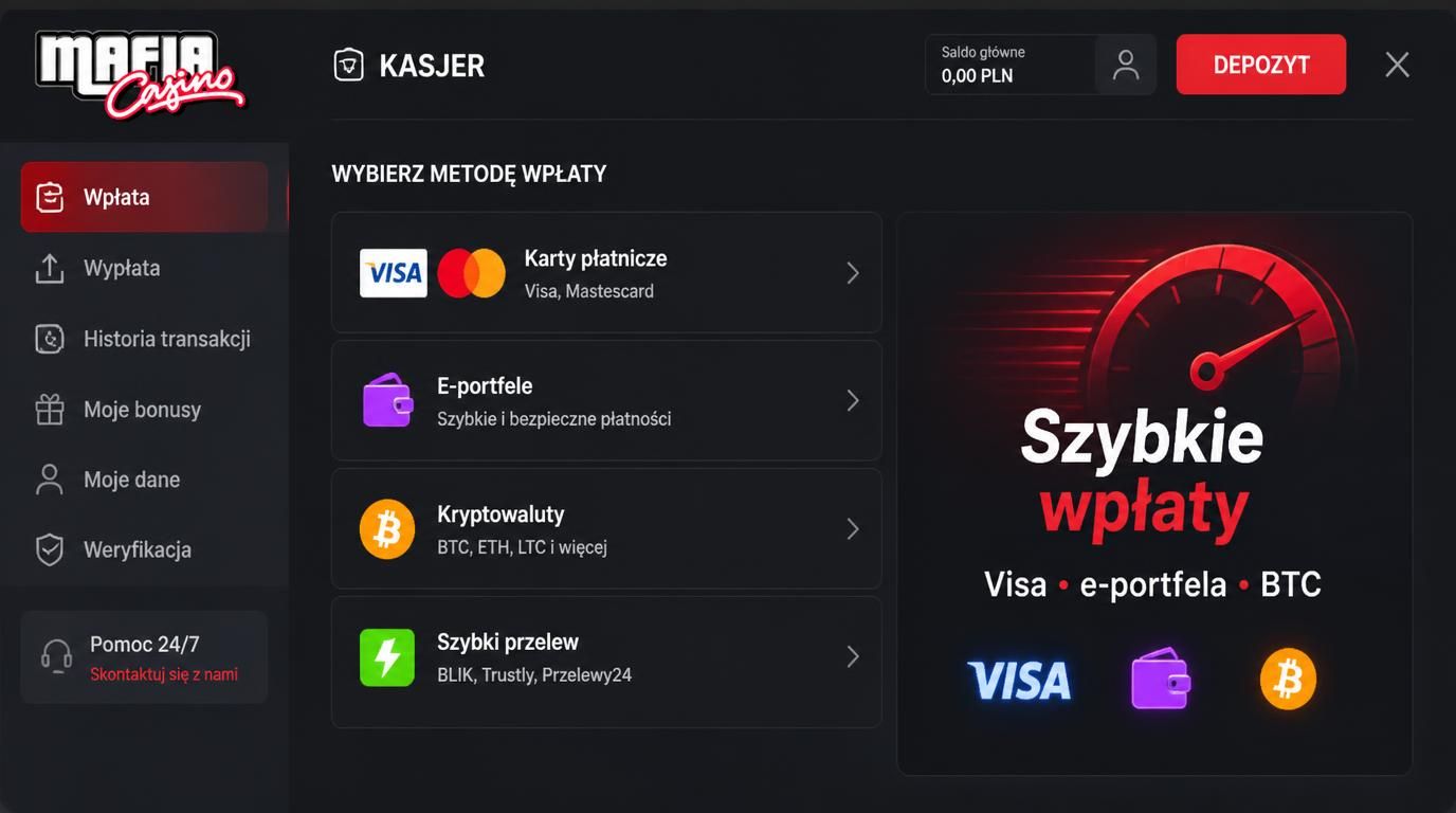 Ikony metod płatności widoczne na ekranie kasjera kasyna w stylu mafii cyfrowej.
