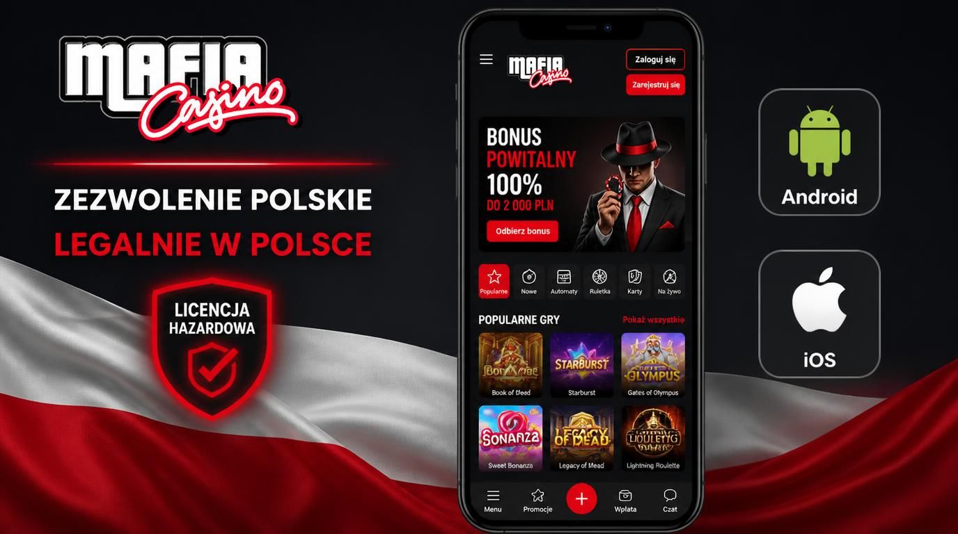 Interfejs aplikacji mobilnej z ikonami Android/iOS i symbolem licencji + polska flaga.