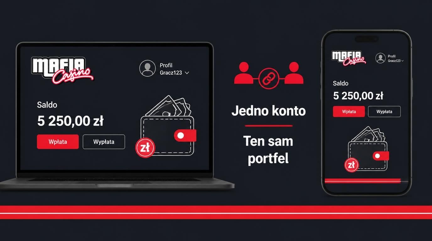 Laptop i telefon pokazują te same informacje o koncie i saldzie.