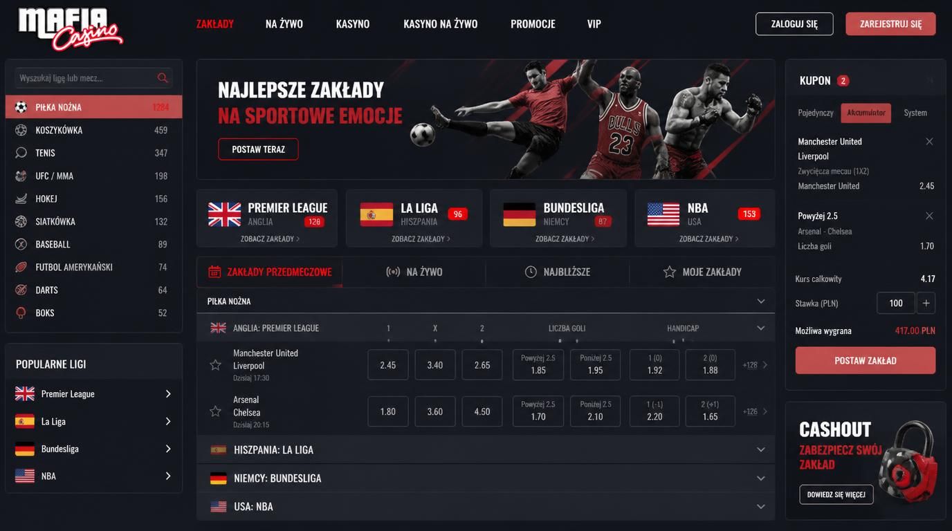  Skala rynku zakładów w Mafia Casino z licznymi ligami i dyscyplinami