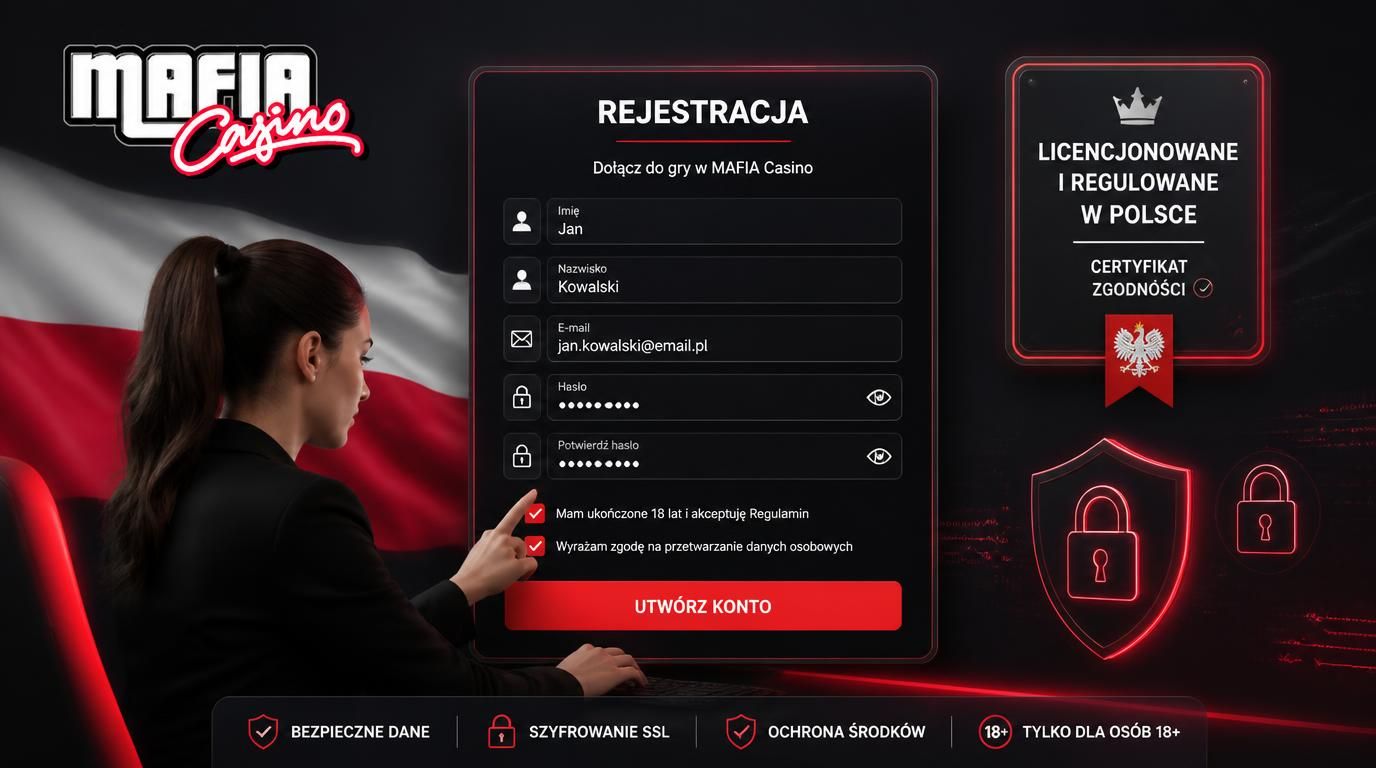 Użytkownik podczas rejestracji, certyfikat licencji i symbole bezpieczeństwa.