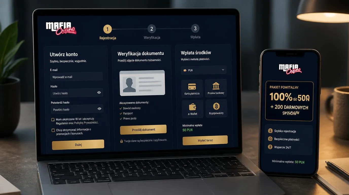 Ekran rejestracji, weryfikacji tożsamości i wyboru metody wpłaty w kasynie online